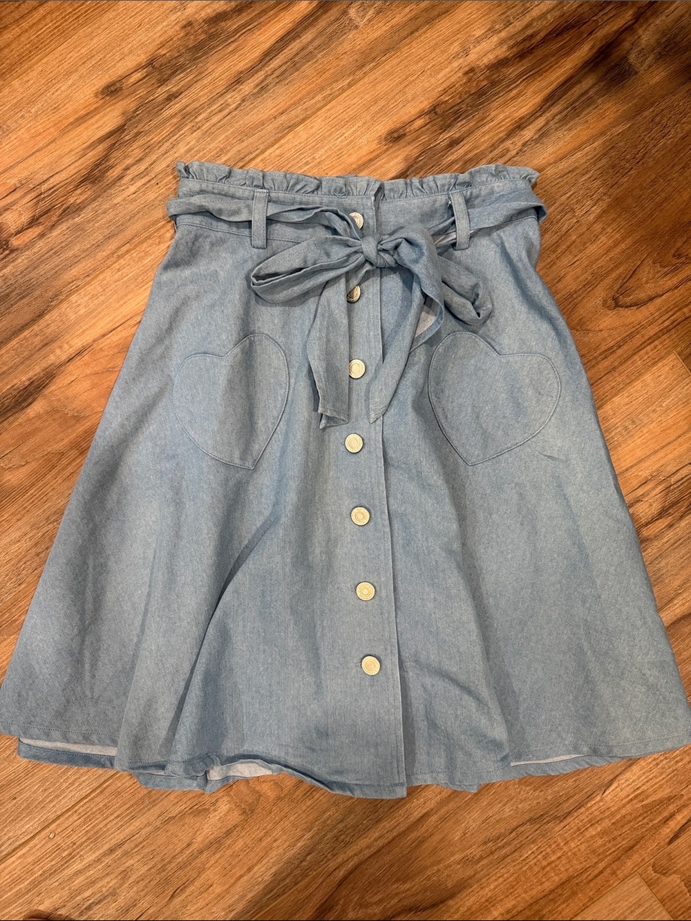 Light Blue Button-Front Paperbag Waist Skirt with Heart Pockets
